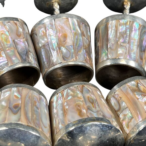 Vtg Mexico Alpaca Silver Inlaid Abalone Shell Six Cordial Shot Glasses and Tray - Picture 4 of 16